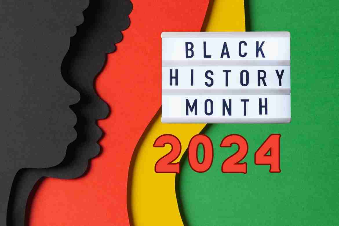 Rastafarian colors and two women in profile standing next to the colors, there is an inscription and it says Black History Month 2024