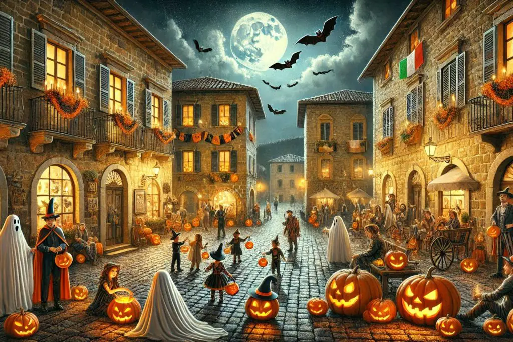 A lively Halloween scene in Italy, with traditional Halloween elements like pumpkins, ghosts, and bats. The image features a small Italian piazza lcn firm blog