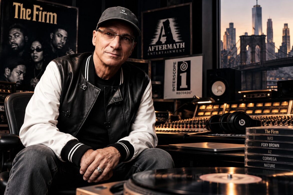 Jimmy Iovine in a recording studio with references to The Firm, Aftermath and Interscope Records.